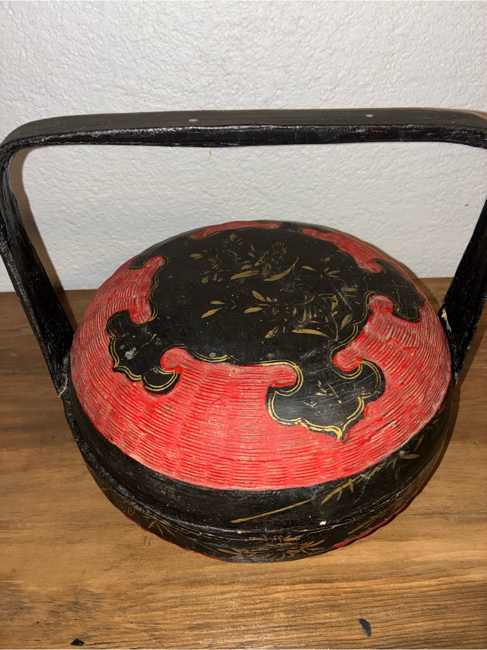 Vintage Chinese Peranakan Wedding Basket Hand Painted Black Red Bamboo rare - Picture 2 of 16